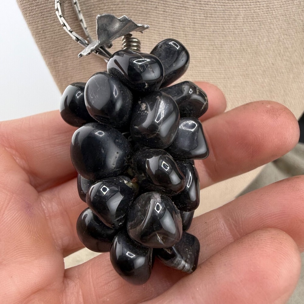 Polished Stone Necklace Grape Cluster Silver Tone 25"